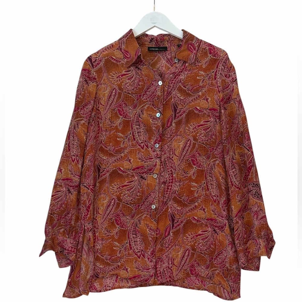 Valerie Stevens Paisley Button-Down Blouse in Rust and Pink